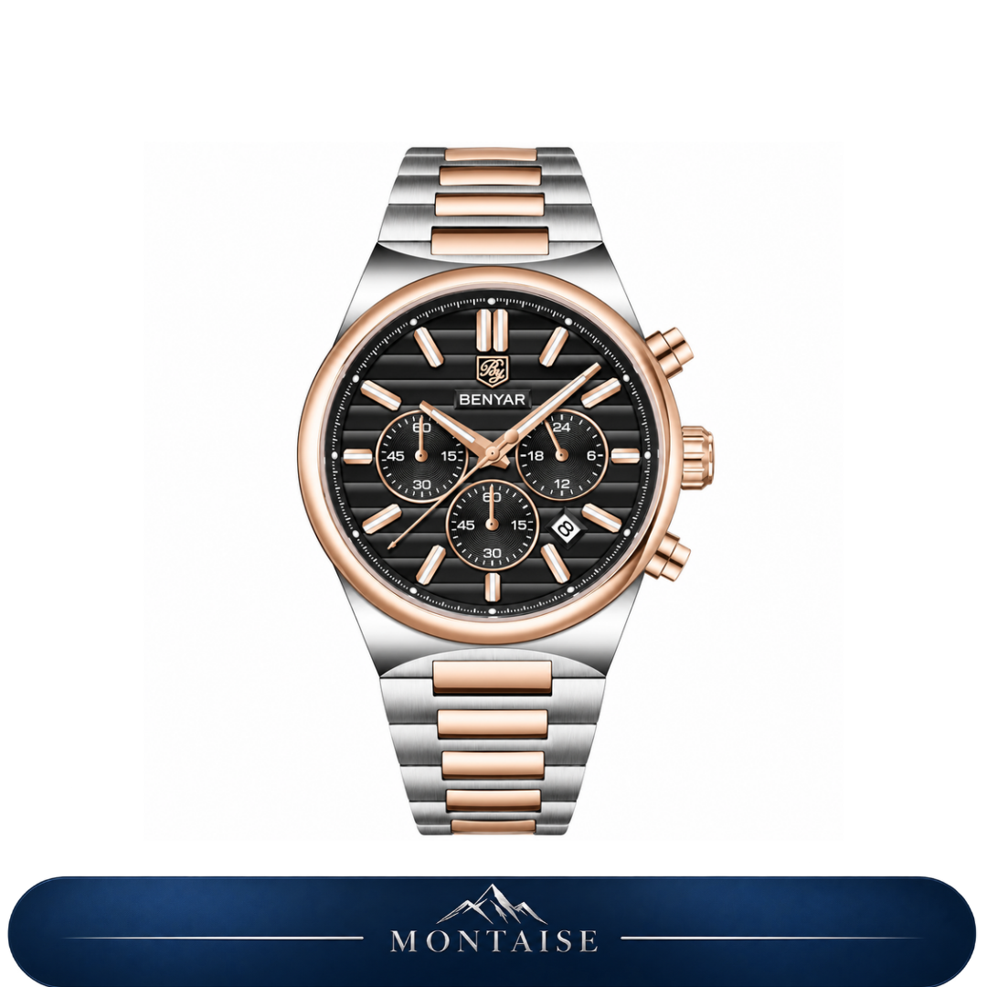 Relógio masculino Montaise Sion com mostrador preto e detalhes rosé