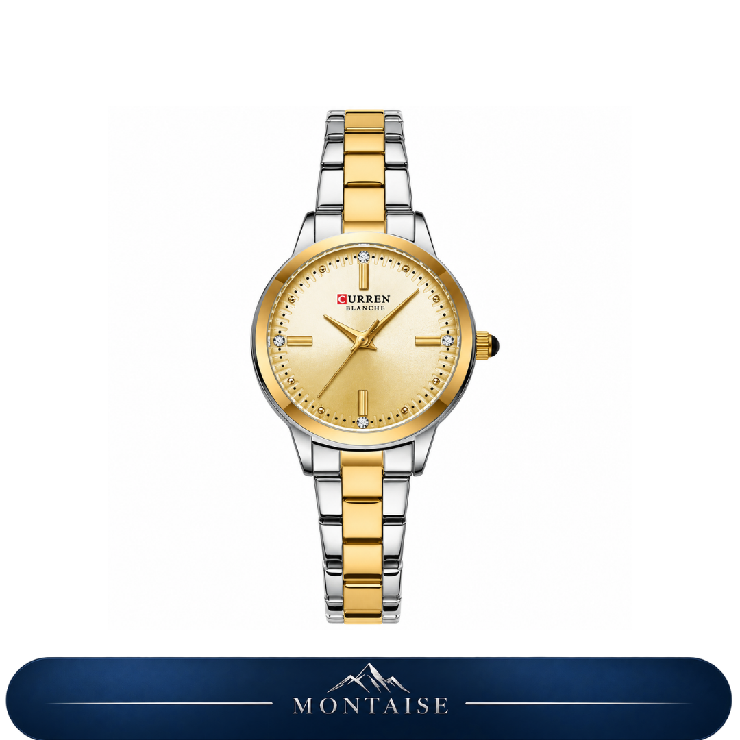 Relógio feminino Évian bicolor mostrador dourado Montaise