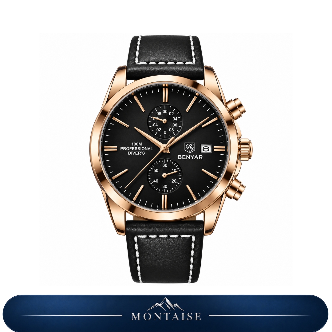 Relógio masculino Montaise Orsen com mostrador preto, caixa dourado rosé e pulseira preta