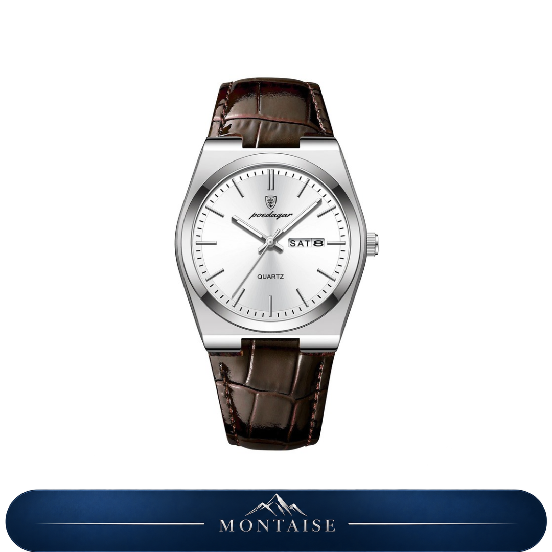Relógio masculino Montaise Valmont com mostrador branco, caixa prateada em aço inoxidável e pulseira de couro marrom