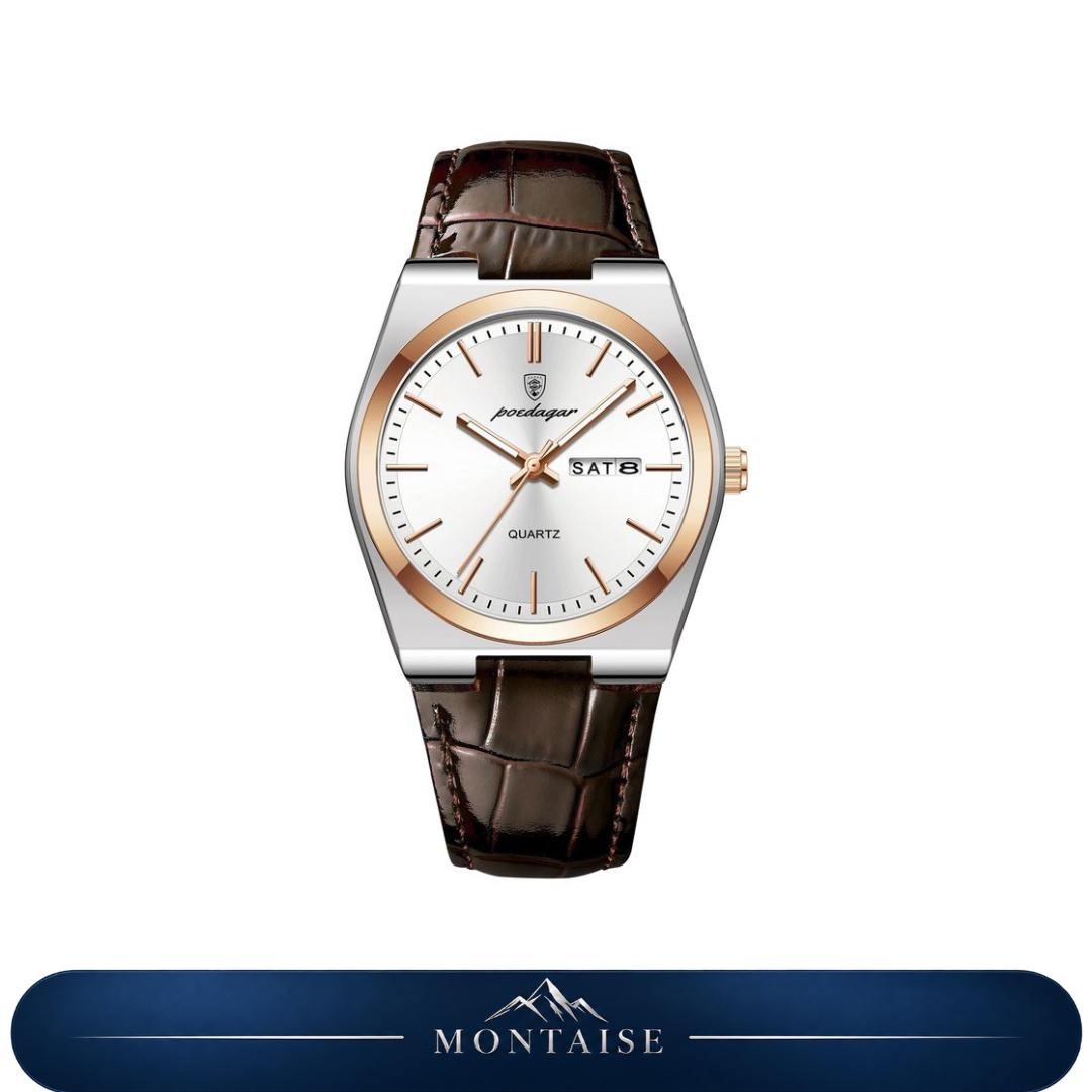 Relógio masculino Montaise Valmont bicolor com mostrador branco, caixa prateada com detalhes rosé e pulseira de couro marrom