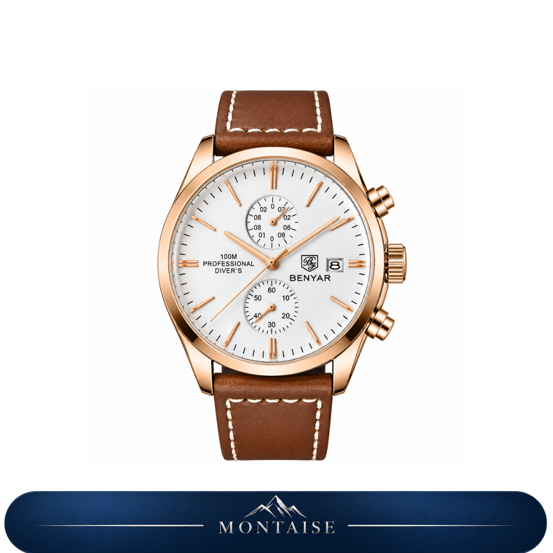 Relógio masculino Montaise Orsen com mostrador branco, caixa dourado rosé e pulseira marrom