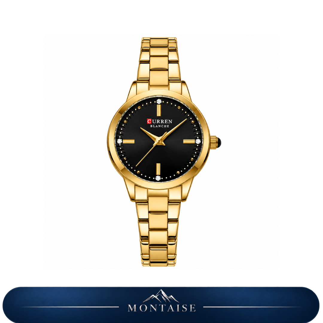 Relógio feminino Évian dourado mostrador preto Montaise