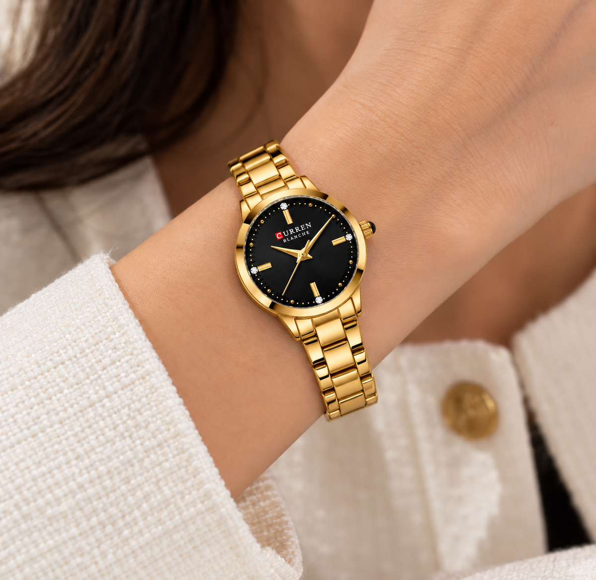 Relógio Feminino Évian Dourado Mostrador Preto Femme Montaise