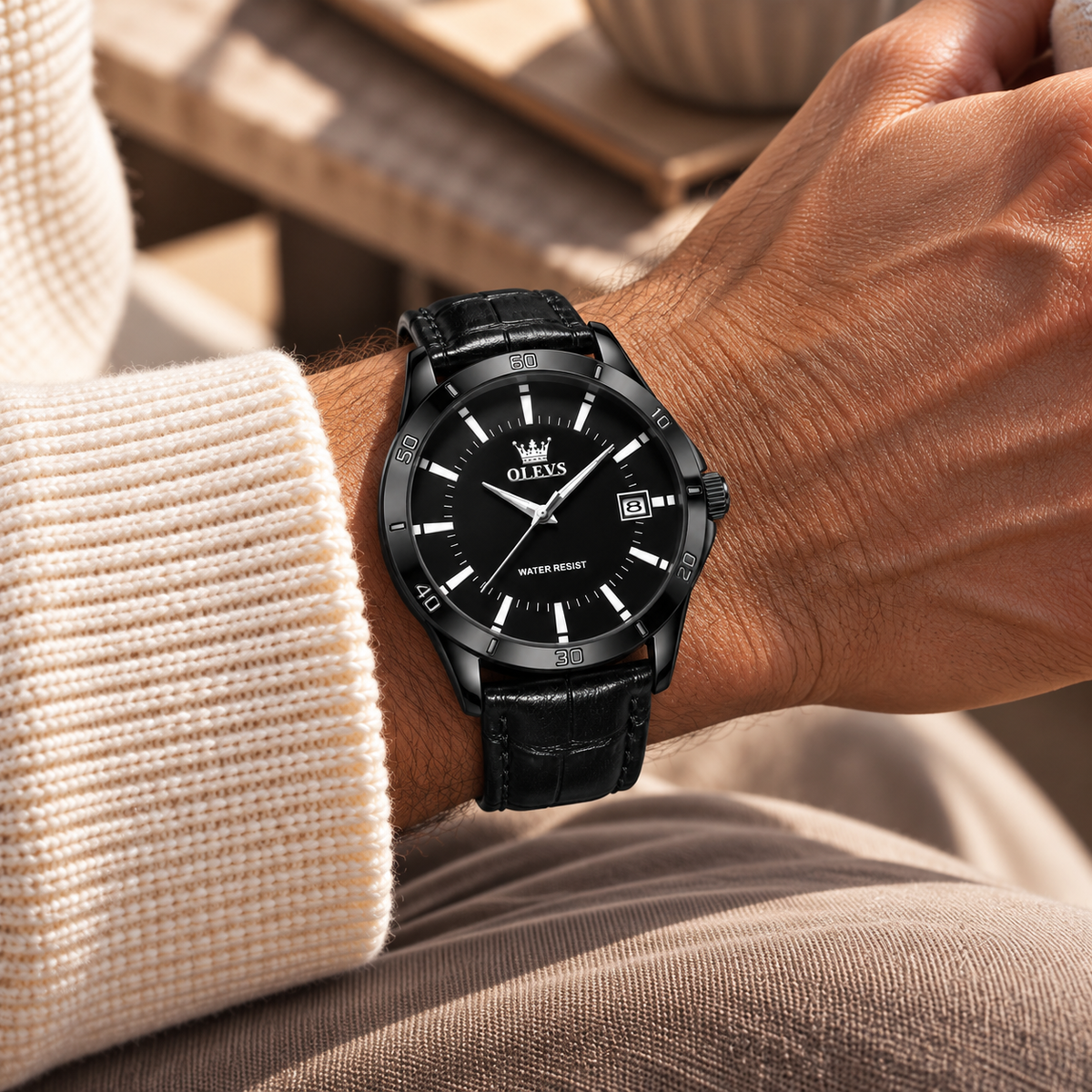 Relógio Masculino Varel Preto em Aço Preto e Couro Montaise