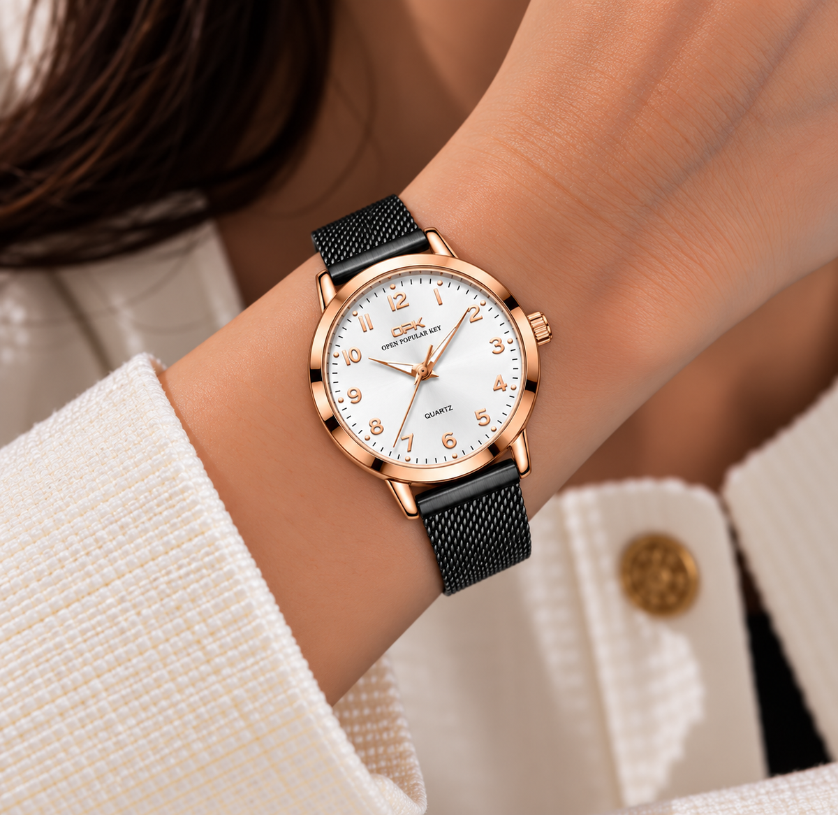 Relógio Feminino Annecy Rosé Pulseira Preta Mostrador Branco Femme Montaise