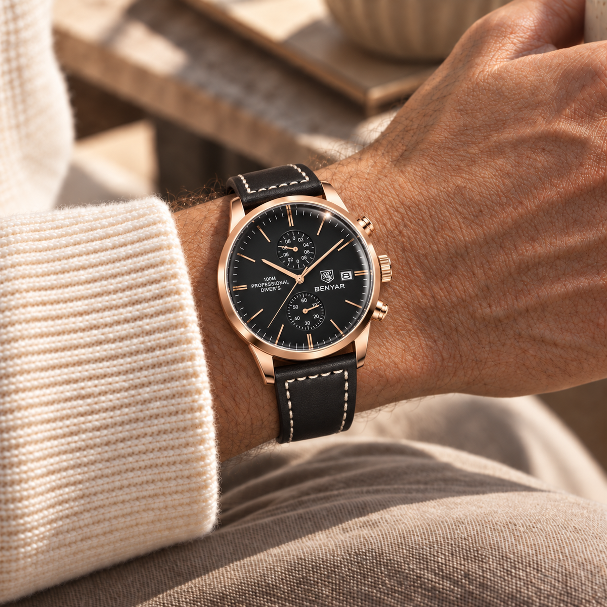 Relógio Masculino Orsen Preto Dourado Rosé Montaise