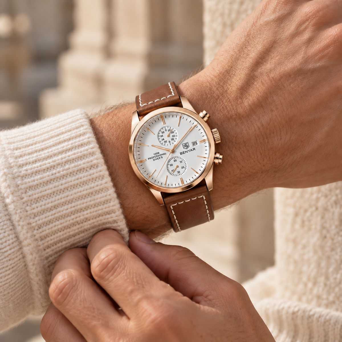 Relógio Masculino Orsen Dourado Rosé com Pulseira Marrom Montaise