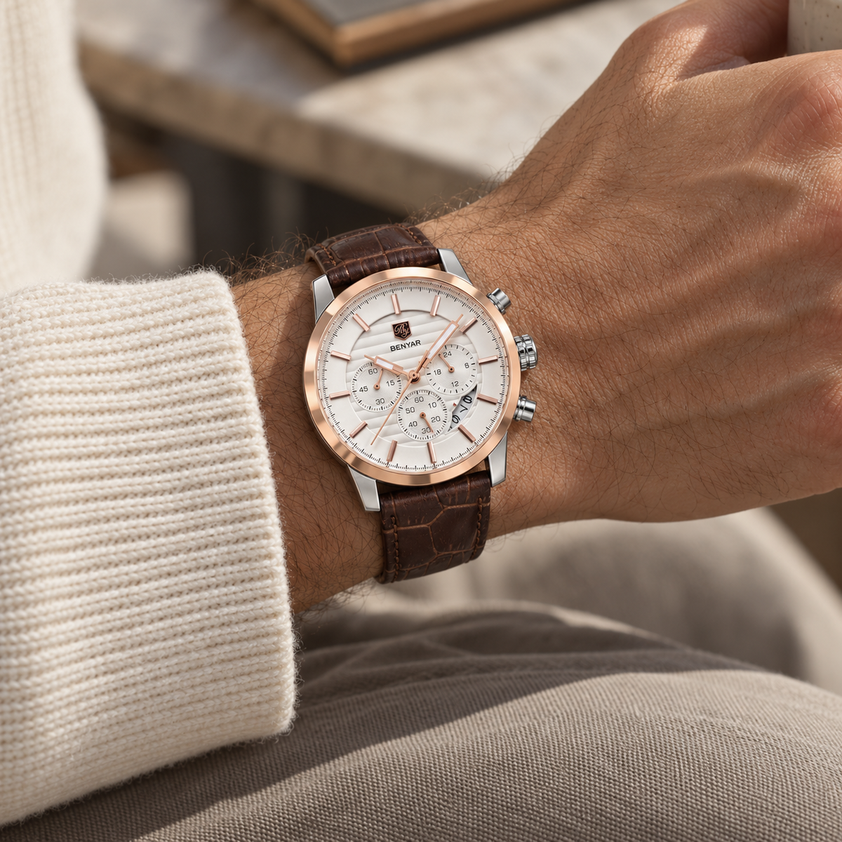 Relógio Masculino Corven Branco Rosé em Couro Marrom Montaise