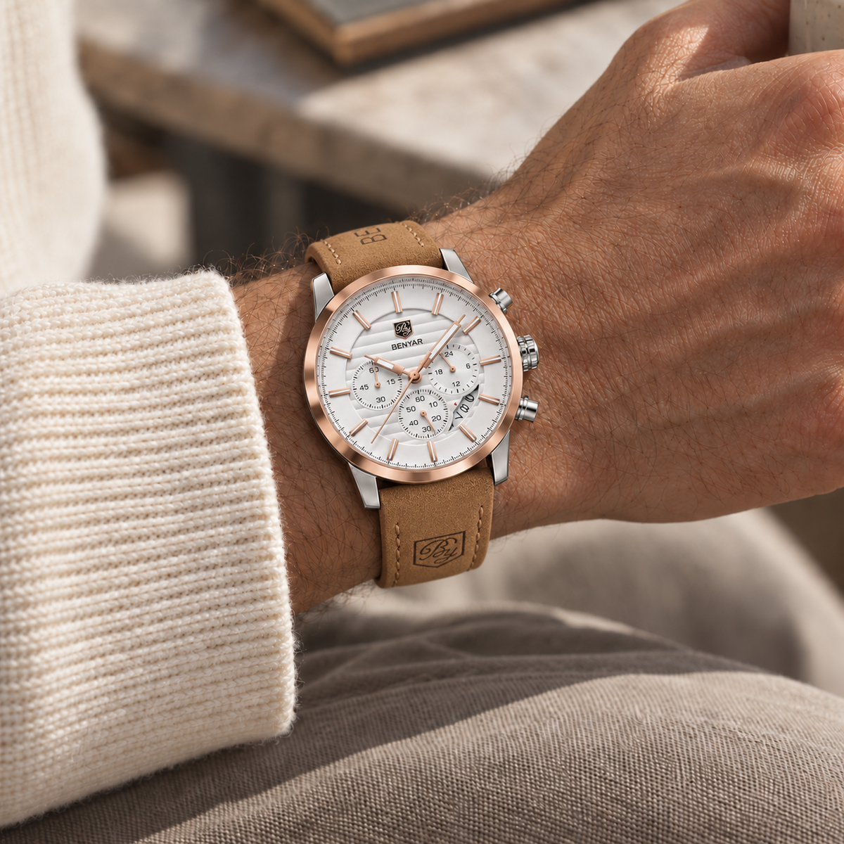 Relógio Masculino Corven Branco Rosé Caramelo em Couro Montaise