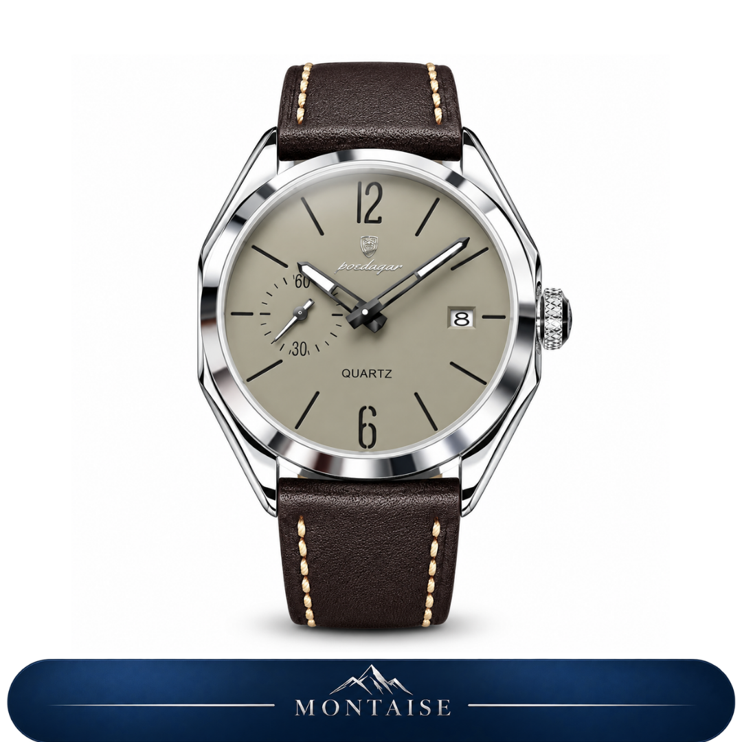Relógio masculino Montaise Auren com mostrador taupe, caixa prateada e pulseira de couro marrom