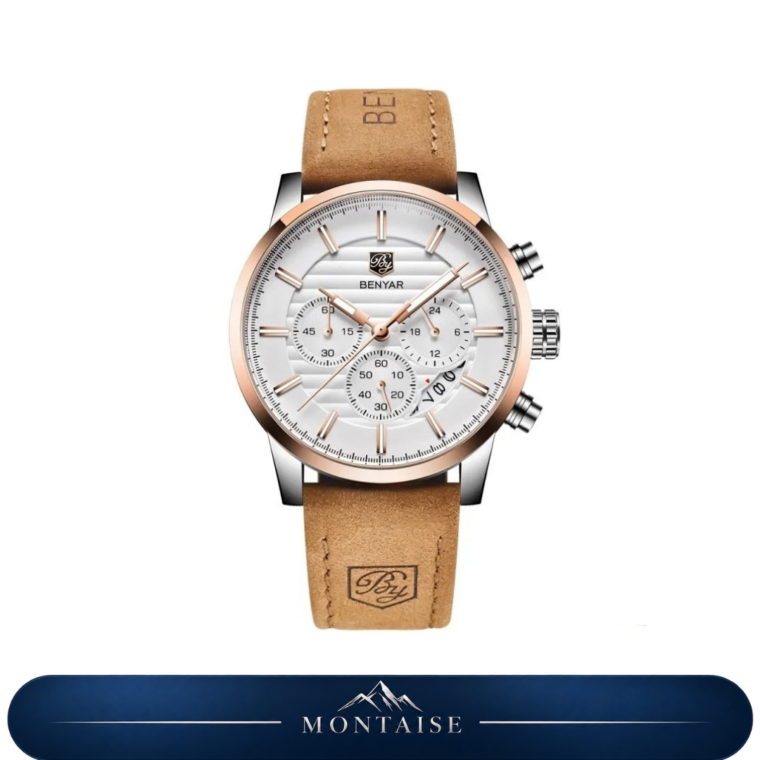 Relógio masculino Montaise Corven com mostrador branco, aro dourado rosé e pulseira caramelo