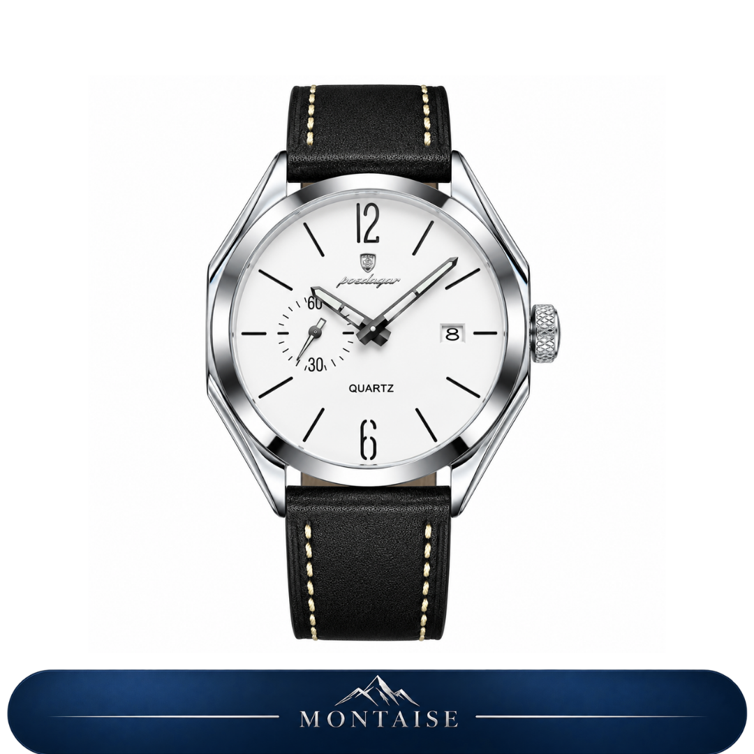 Relógio masculino Montaise Auren com mostrador branco, caixa prateada e pulseira de couro preta
