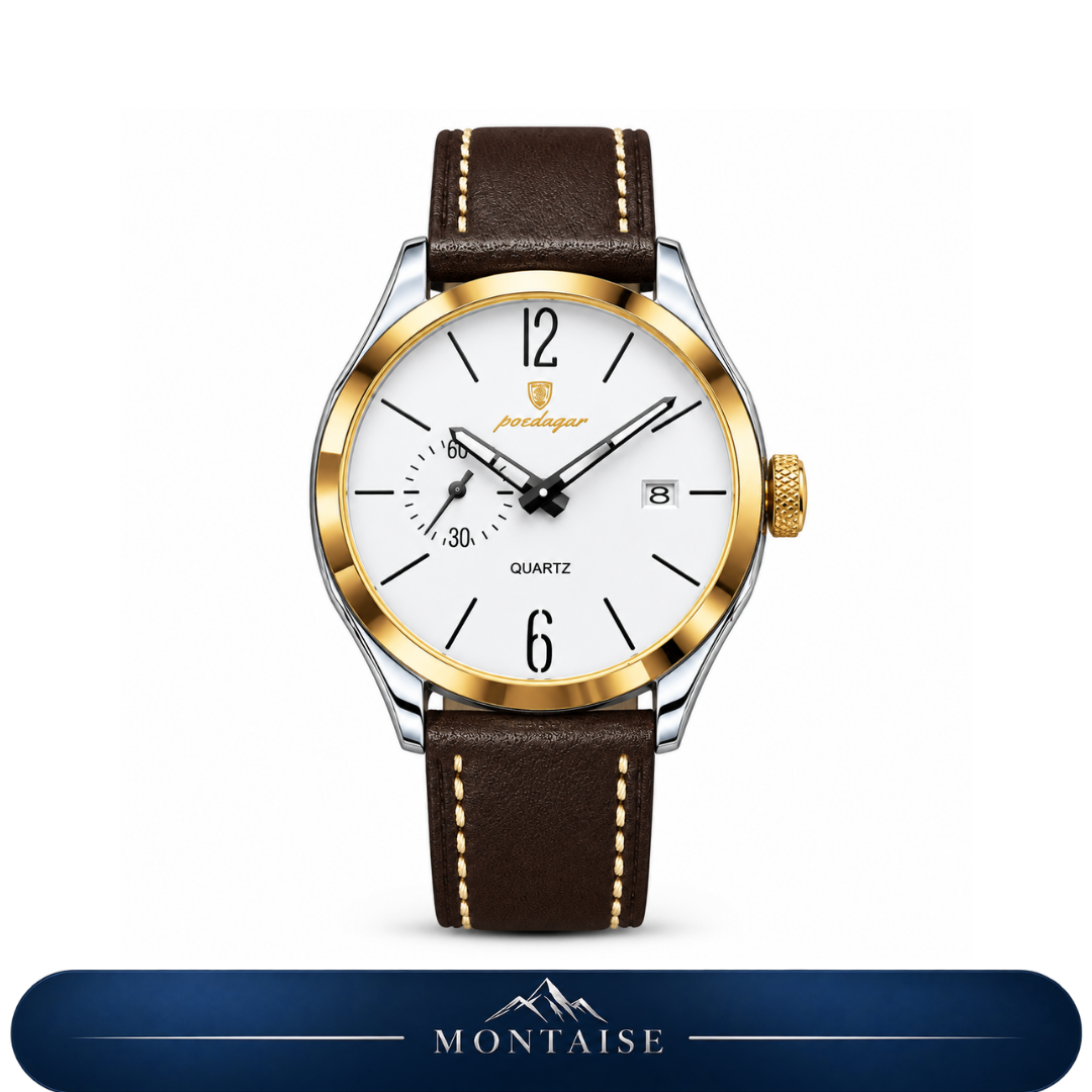 Relógio masculino Montaise Auren com mostrador branco, aro dourado e pulseira de couro marrom