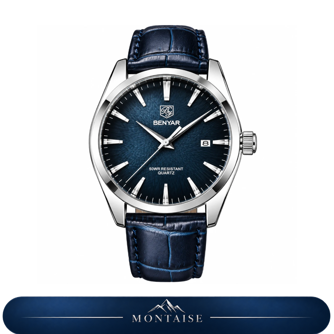 Relógio masculino Montaise Duvall com mostrador azul escuro, caixa prateada e pulseira de couro azul