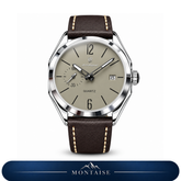 Relógio masculino Montaise Auren com mostrador taupe, caixa prateada e pulseira de couro marrom
