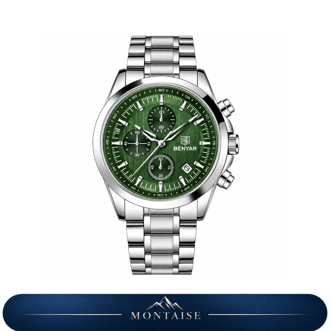 Relógio masculino Montaise Lauter prateado com mostrador verde e pulseira de aço