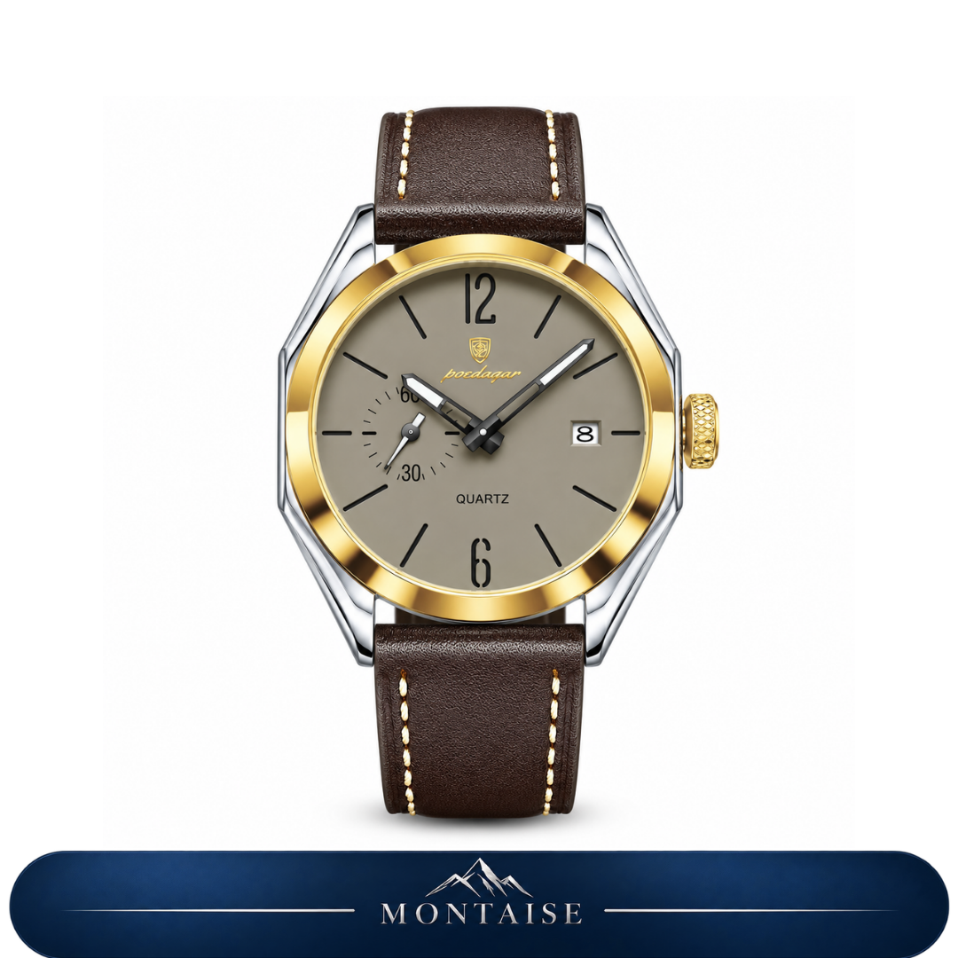 Relógio masculino Montaise Auren com mostrador verde oliva, aro dourado e pulseira de couro marrom