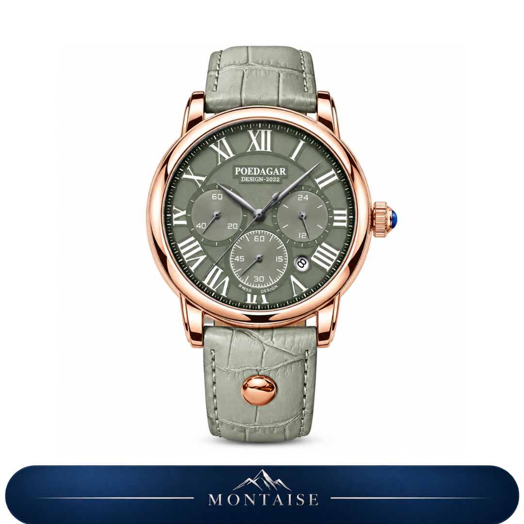 Relógio masculino Montaise Ravelin com mostrador verde oliva, caixa dourado rosé e pulseira de couro clara