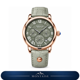 Relógio masculino Montaise Ravelin com mostrador verde oliva, caixa dourado rosé e pulseira de couro clara