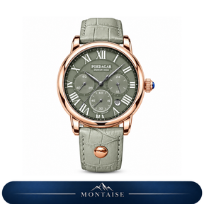 Relógio masculino Montaise Ravelin com mostrador verde oliva, caixa dourado rosé e pulseira de couro clara