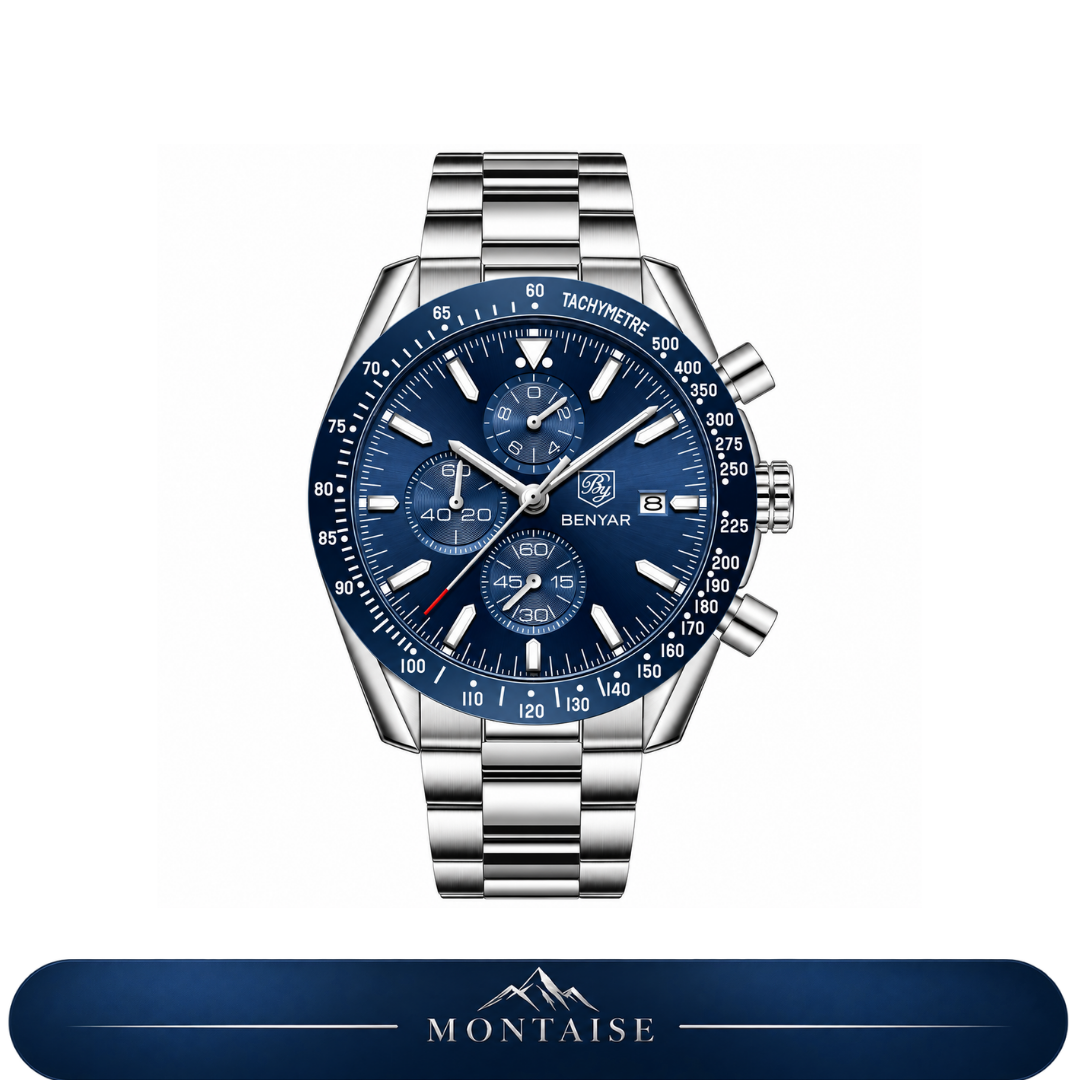 Relógio masculino Montaise Aletsch prateado com mostrador azul e pulseira de aço