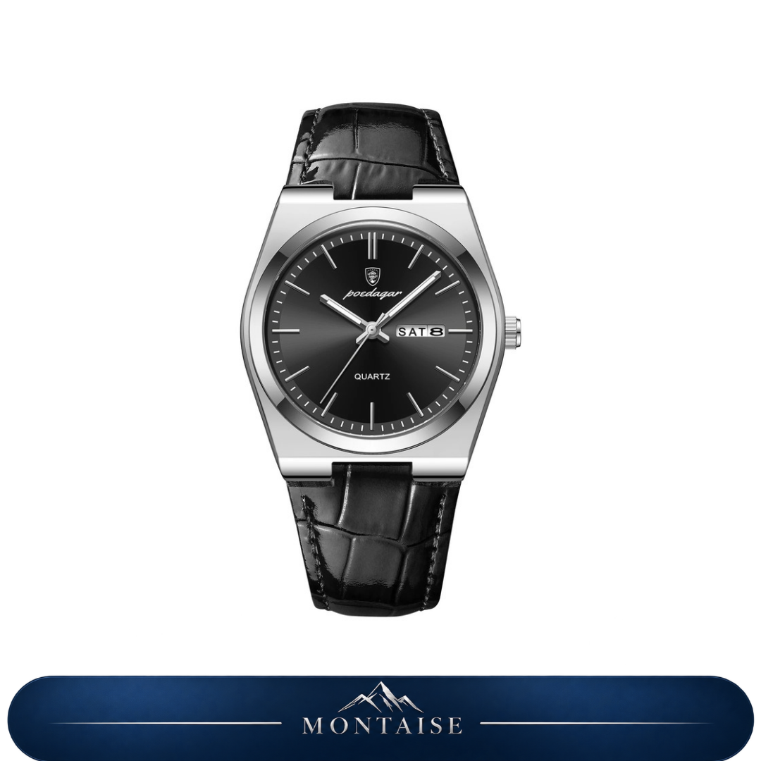 Relógio masculino Montaise Valmont com mostrador preto, caixa prateada em aço inoxidável e pulseira de couro preta
