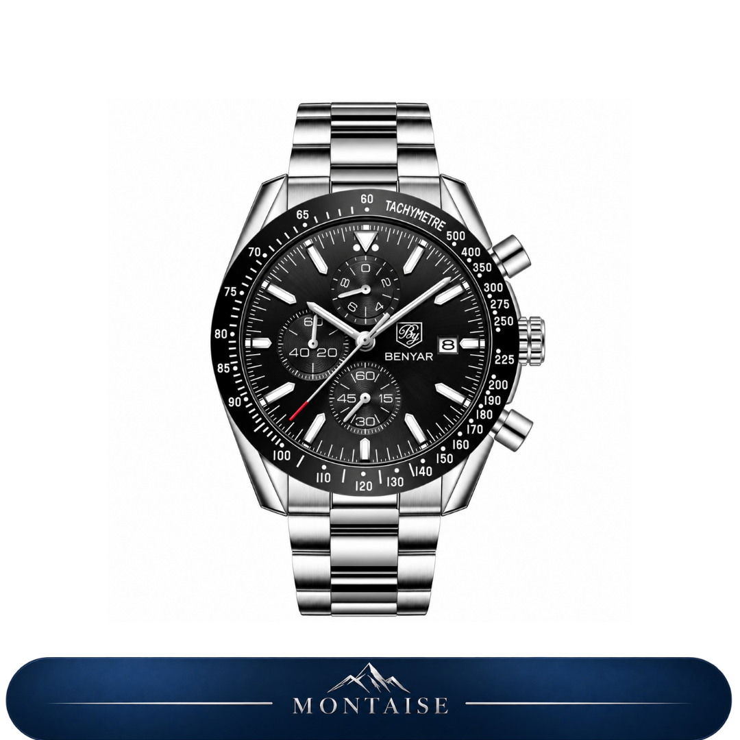 Relógio masculino Montaise Aletsch prateado com mostrador preto e pulseira de aço