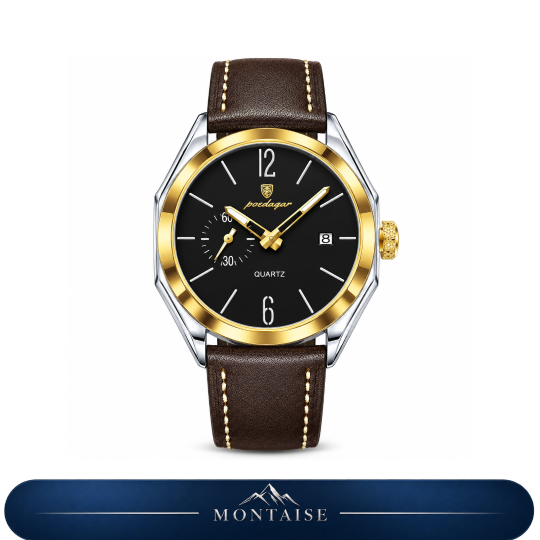 Relógio masculino Montaise Auren com mostrador preto, aro dourado e pulseira de couro marrom