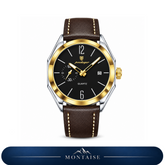 Relógio masculino Montaise Auren com mostrador preto, aro dourado e pulseira de couro marrom