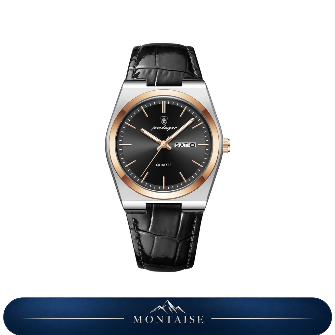 Relógio masculino Montaise Valmont com mostrador preto, detalhes rosé, caixa prateada e pulseira de couro preta