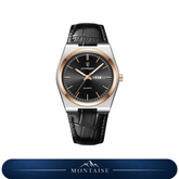 Relógio masculino Montaise Valmont com mostrador preto, detalhes rosé, caixa prateada e pulseira de couro preta