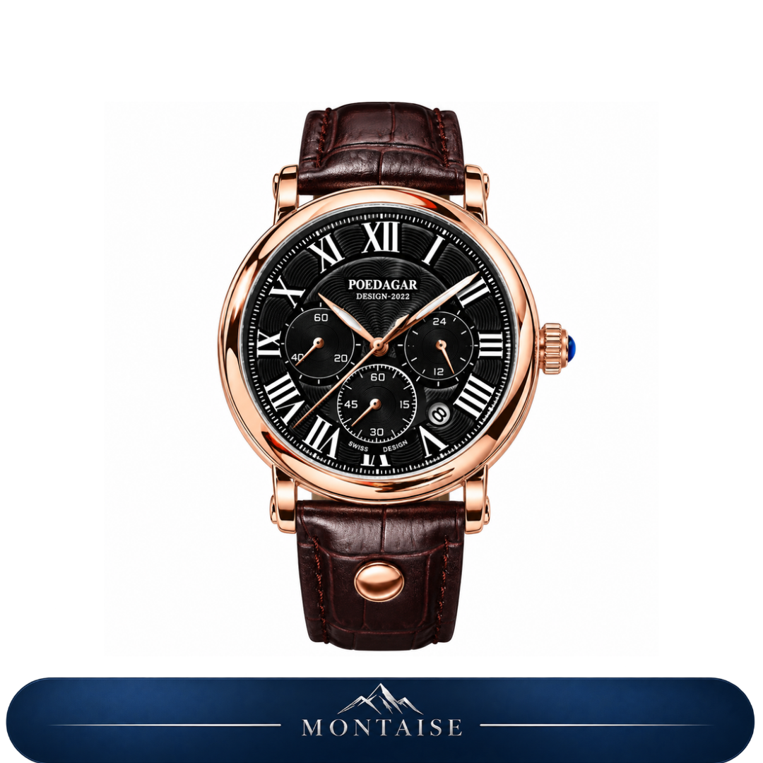 Relógio masculino Montaise Ravelin com mostrador preto, caixa dourado rosé e pulseira de couro marrom