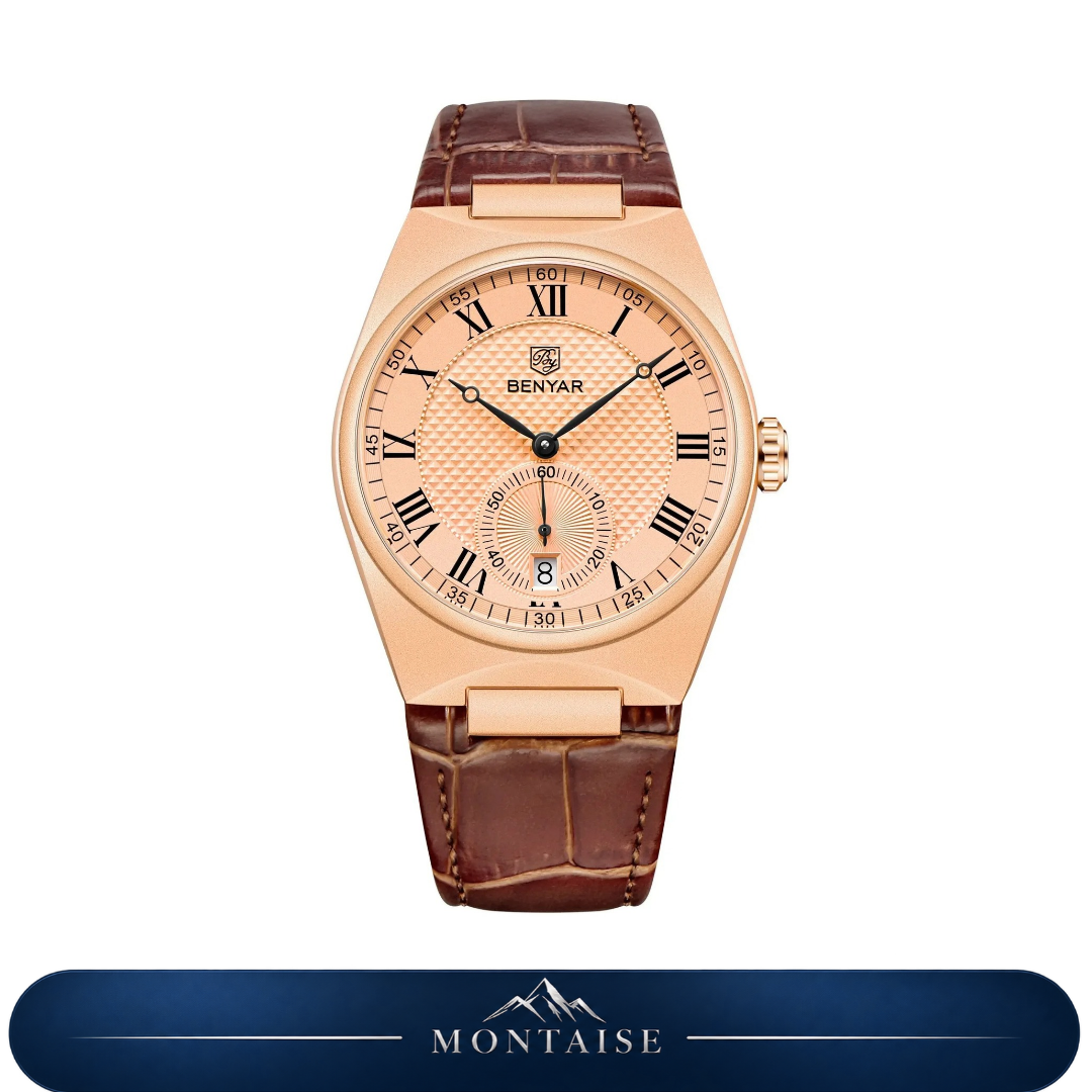 Relógio masculino Montaise Veyren com mostrador rosé champagne, caixa dourado rosé e pulseira de couro marrom