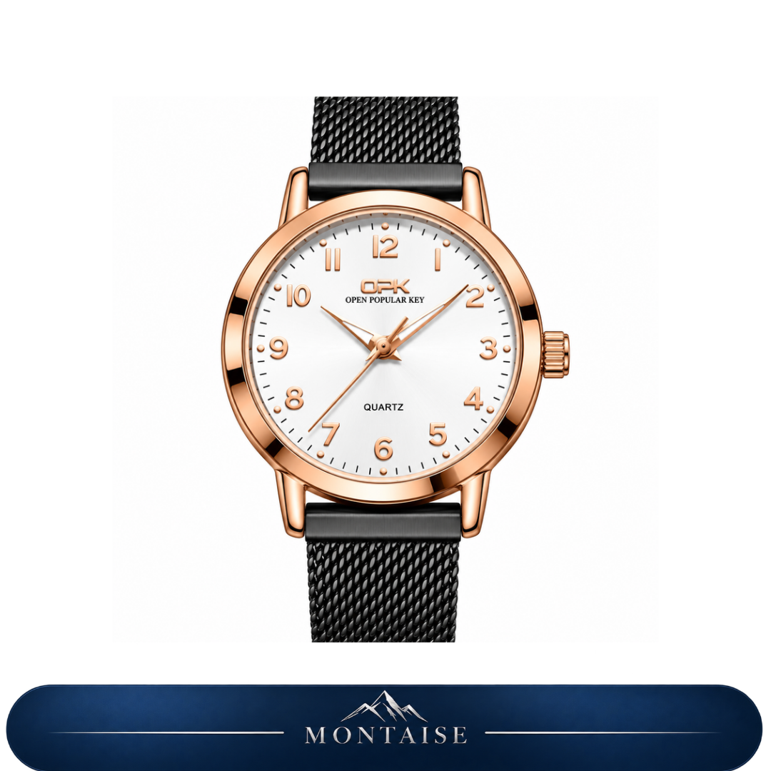 Relógio feminino Annecy rosé pulseira preta mostrador branco Montaise