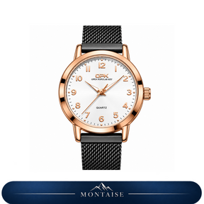 Relógio feminino Annecy rosé pulseira preta mostrador branco Montaise