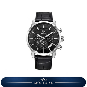 Relógio masculino Montaise Corven com mostrador preto, caixa prateada e pulseira preta