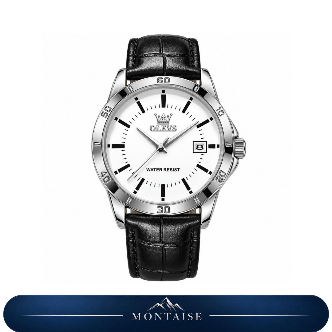 Relógio masculino Montaise Varel com mostrador branco, caixa prateada e pulseira preta