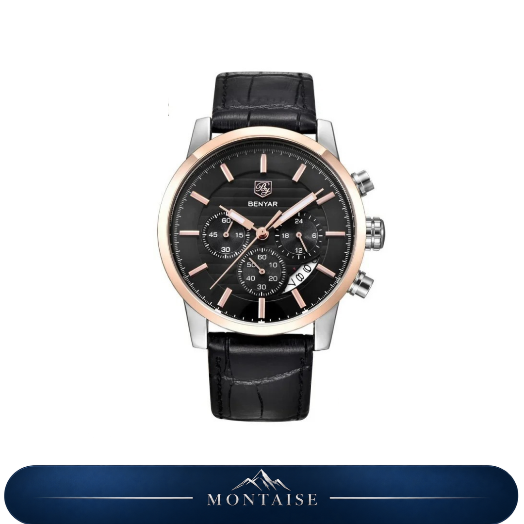 Relógio masculino Montaise Corven com mostrador preto, aro dourado rosé e pulseira preta
