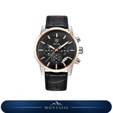 Relógio masculino Montaise Corven com mostrador preto, aro dourado rosé e pulseira preta