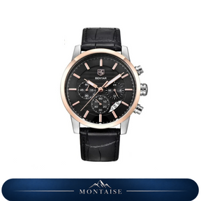 Relógio masculino Montaise Corven com mostrador preto, aro dourado rosé e pulseira preta
