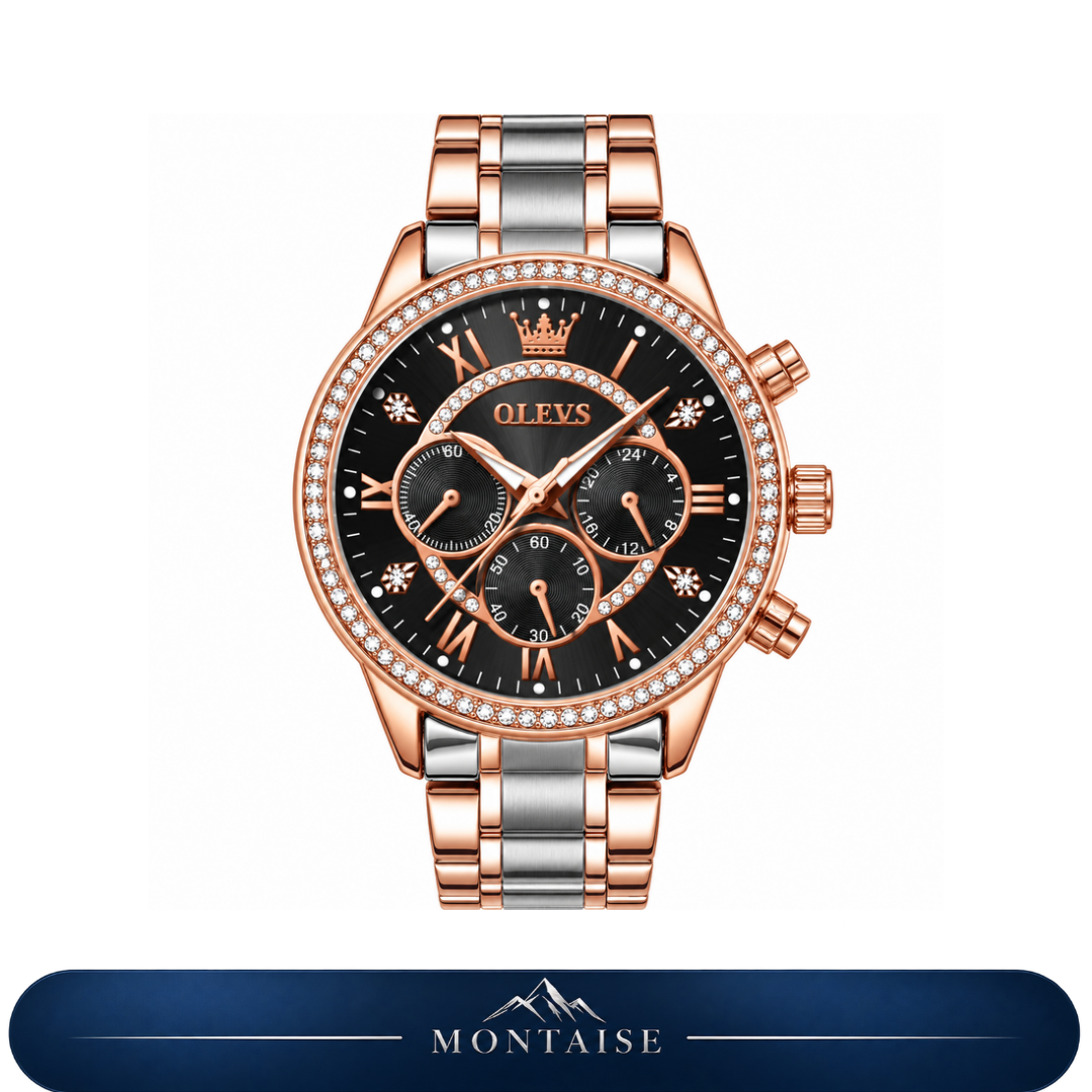 Relógio feminino Sierre bicolor rosé e prateado mostrador preto Montaise