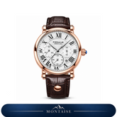 Relógio masculino Montaise Ravelin com mostrador branco, caixa dourado rosé e pulseira de couro marrom