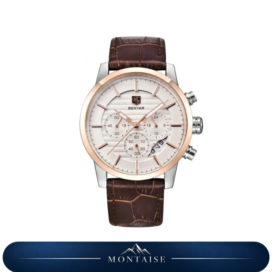 Relógio masculino Montaise Corven com mostrador branco, aro dourado rosé e pulseira marrom
