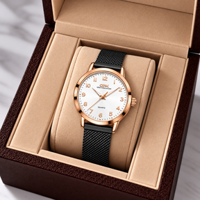 Relógio Feminino Annecy Rosé Pulseira Preta Mostrador Branco Femme Montaise