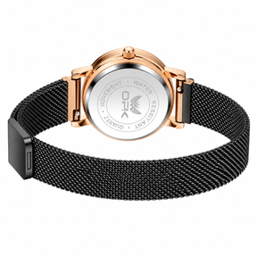 Relógio Feminino Annecy Rosé Pulseira Preta Mostrador Branco Femme Montaise