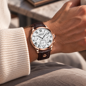 Relógio Masculino Ravelin Branco Rosé em Couro Marrom Montaise