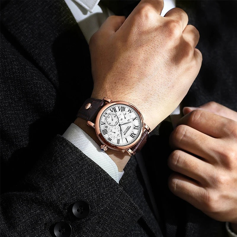 Relógio Masculino Ravelin Branco Rosé em Couro Marrom Montaise